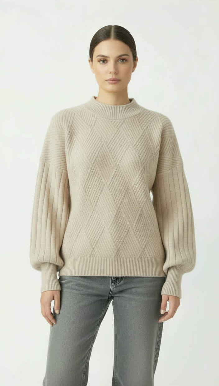 Greige Diamond‑Knit Sweater with Puff Sleeves