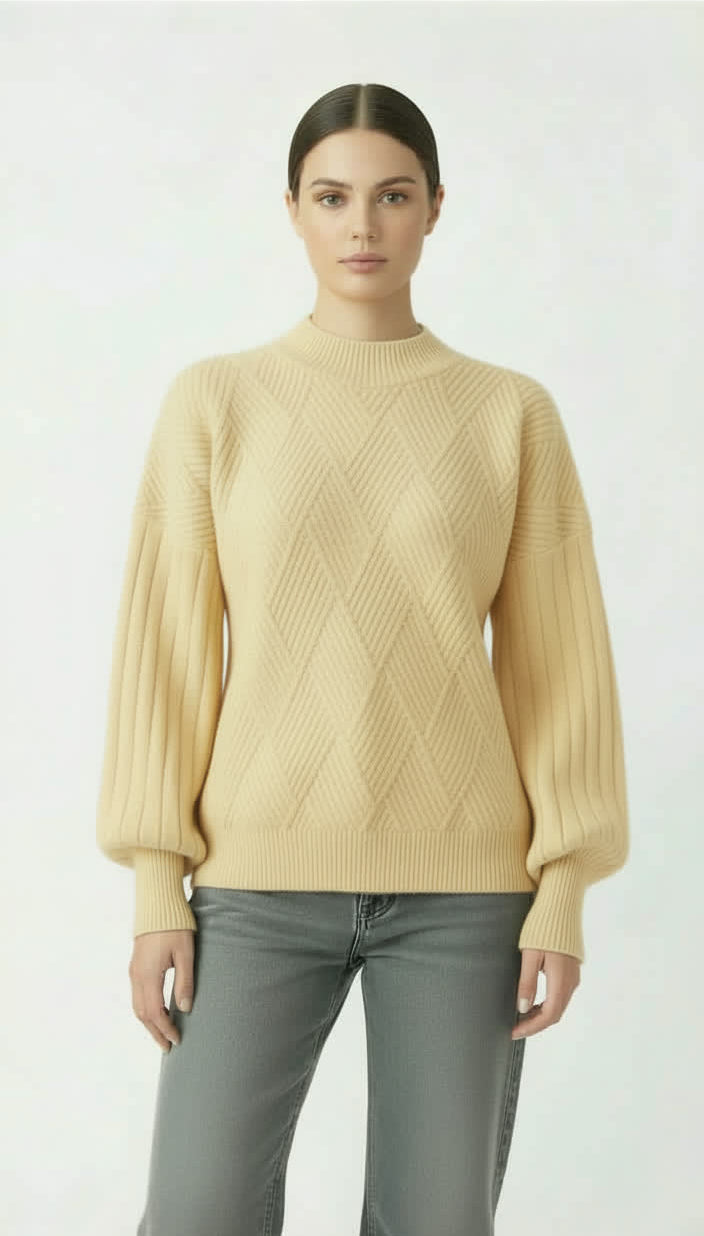 Buttery Yellow Diamond‑Knit Sweater with Puff Sleeves