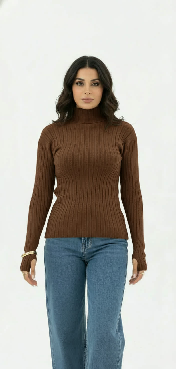 Brown Ribbed with Thumb hole Sweater