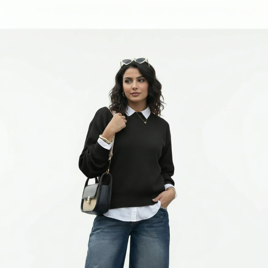 Black Crew-Neck Knit Sweater