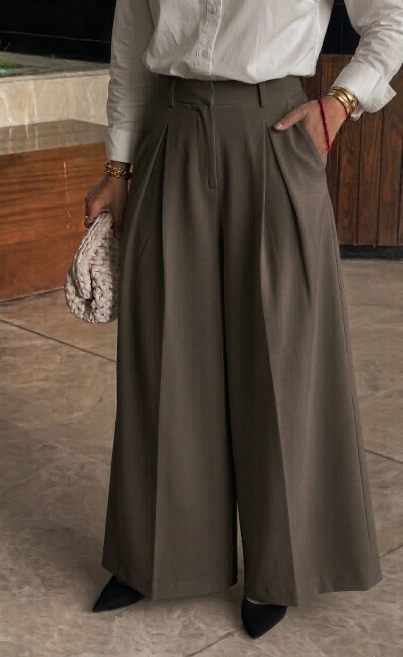 Taupe Wide Leg Pleated Trouser