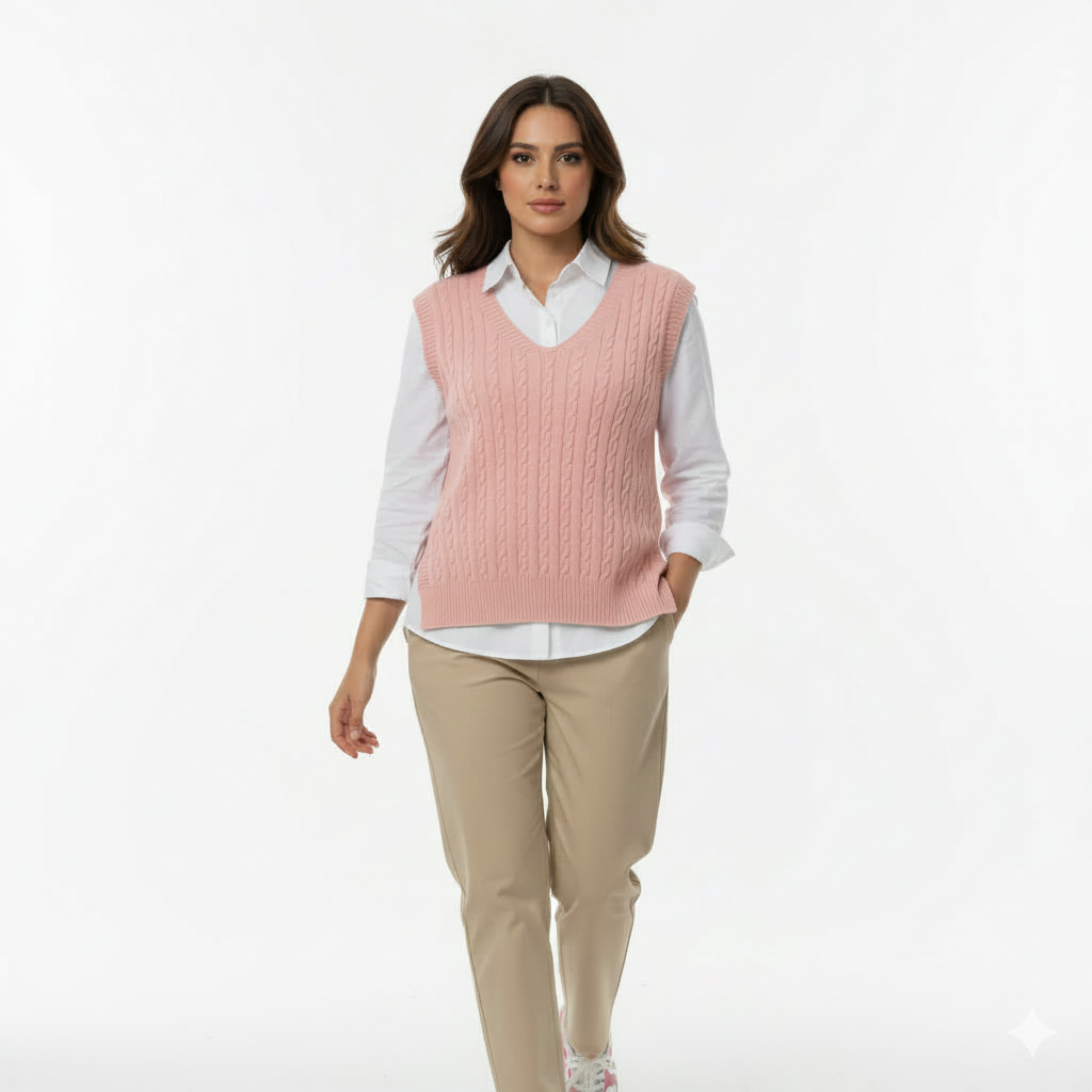 Light Rose Cable Knit V‑Neck Vest