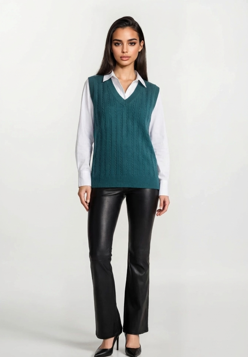 Emerald Blue Knit V‑Neck Vest - Thin Cable