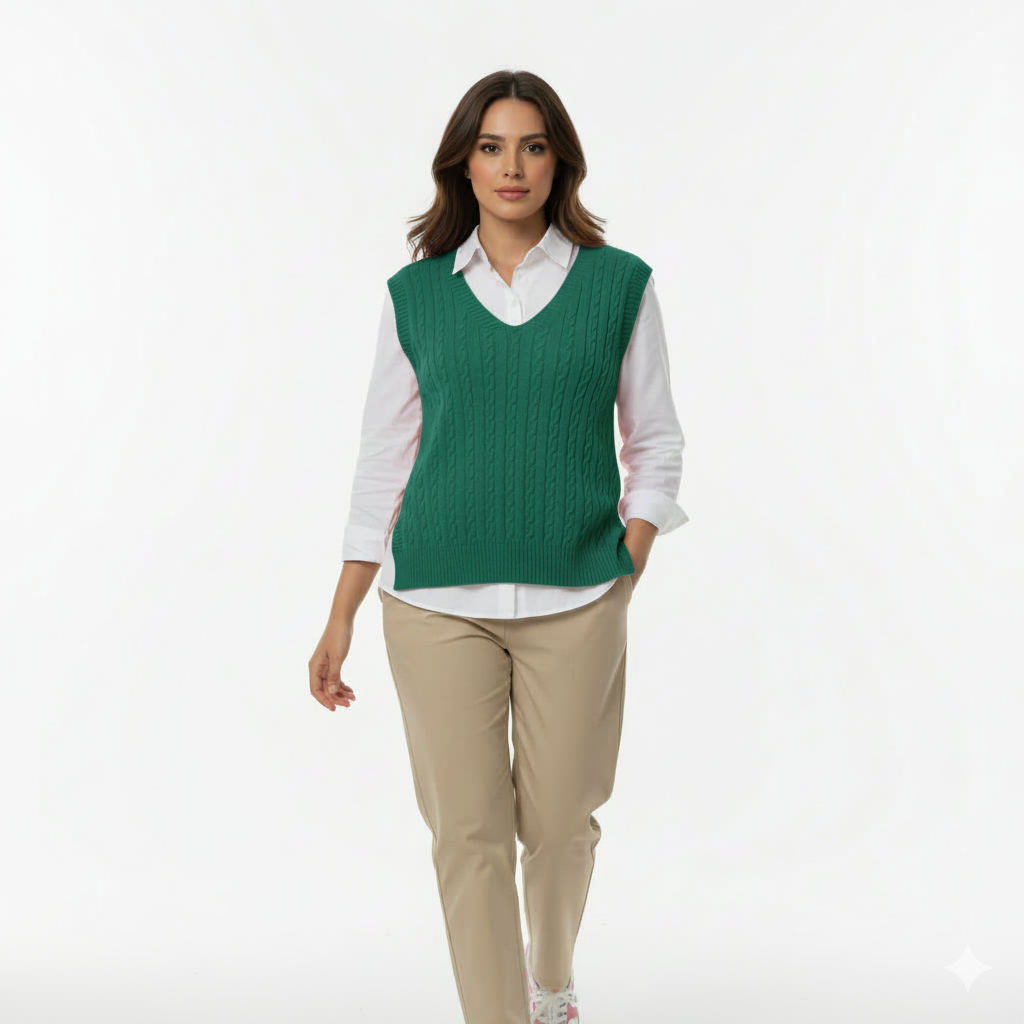 Emerald Green Cable Knit V‑Neck Vest