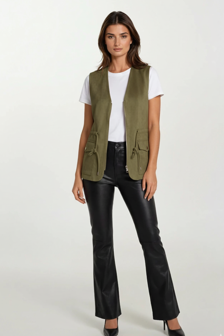 Olive Green Suede Utility Vest with Zip Front & Drawstring Waist