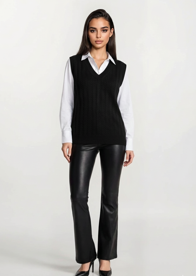 Black Knit V‑Neck Vest - Thin Cable