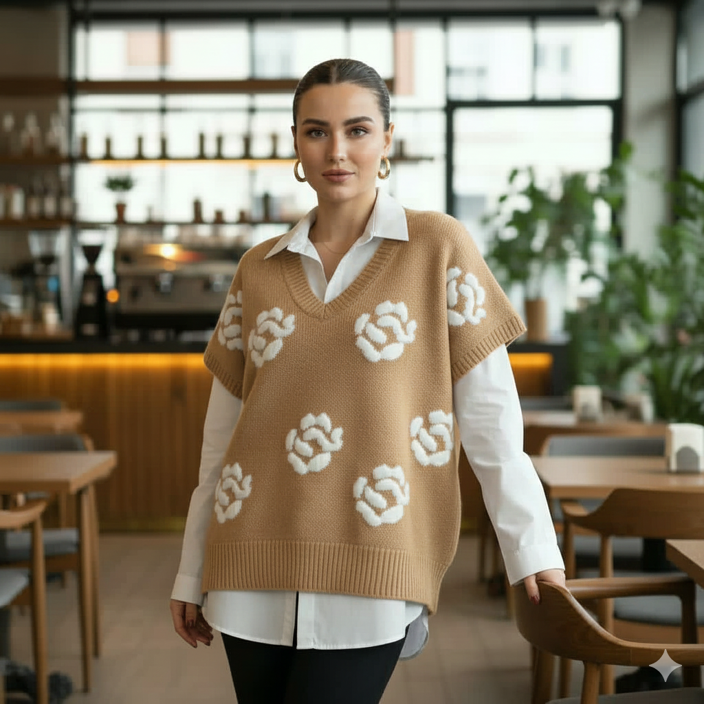 Camel Floral Knit Sweater Vest