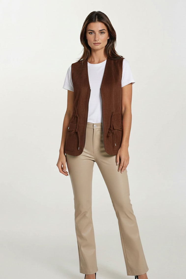 Brown Suede Utility Vest with Zip Front & Drawstring Waist