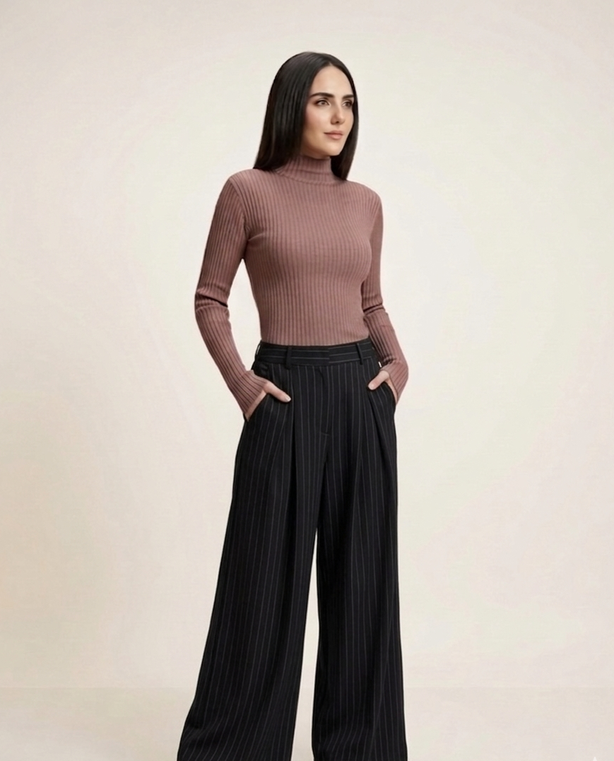 Black Pleated Trouser — Pinstripe Wide Leg