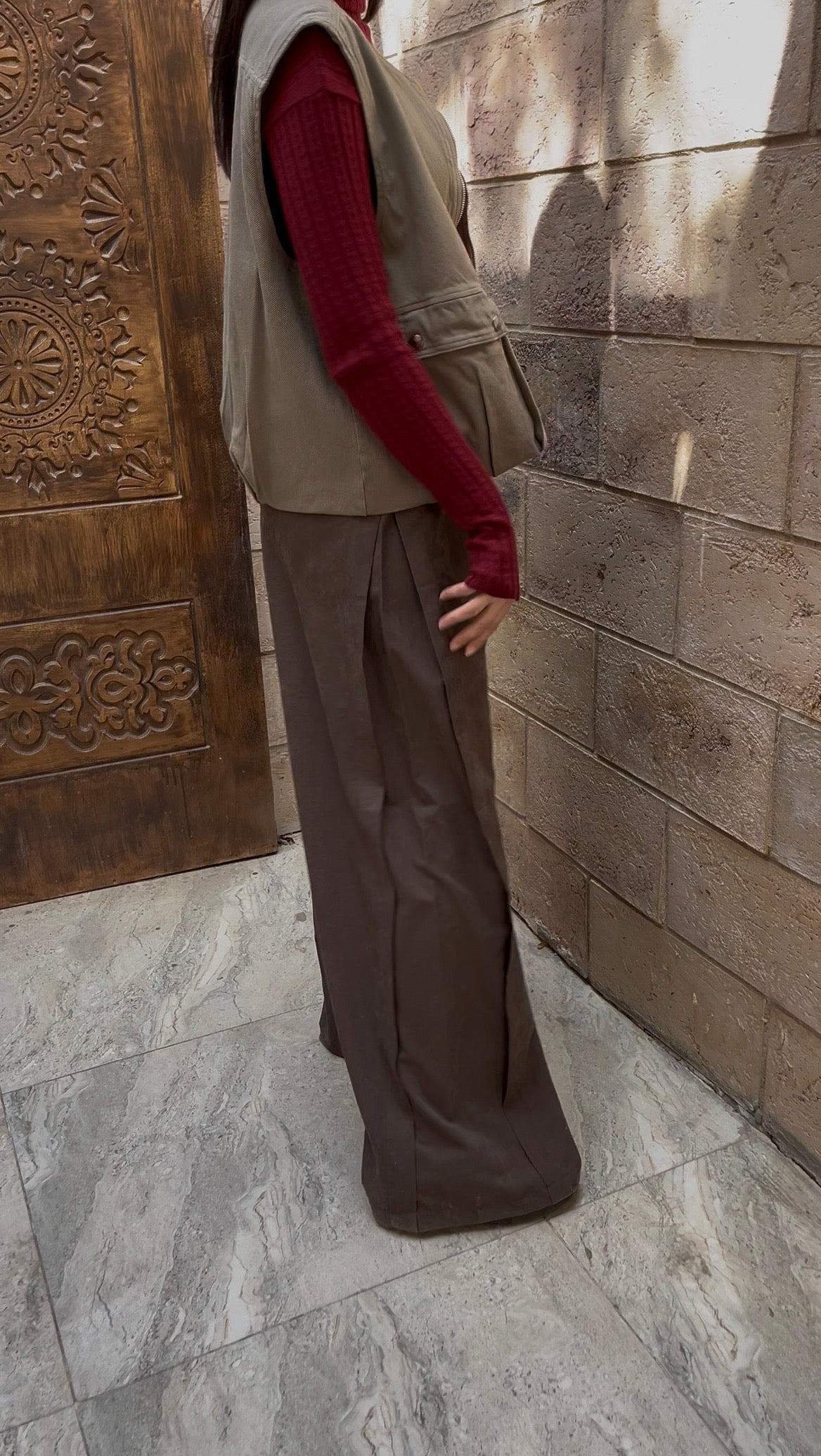 Brown High-Waist Wide-Leg Tailored Pants