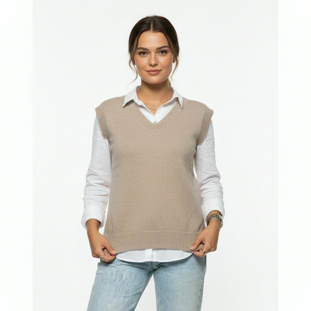 V-Neck Knit Vest – Greige