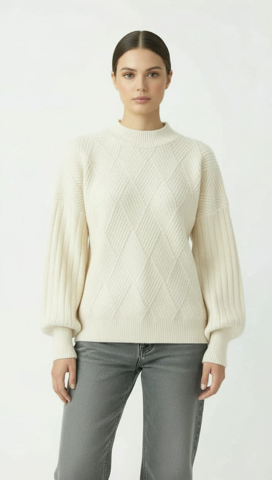 Off White Diamond‑Knit Sweater with Puff Sleeves