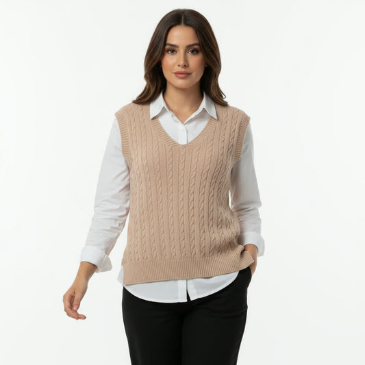 Beige Cable Knit V‑Neck Vest