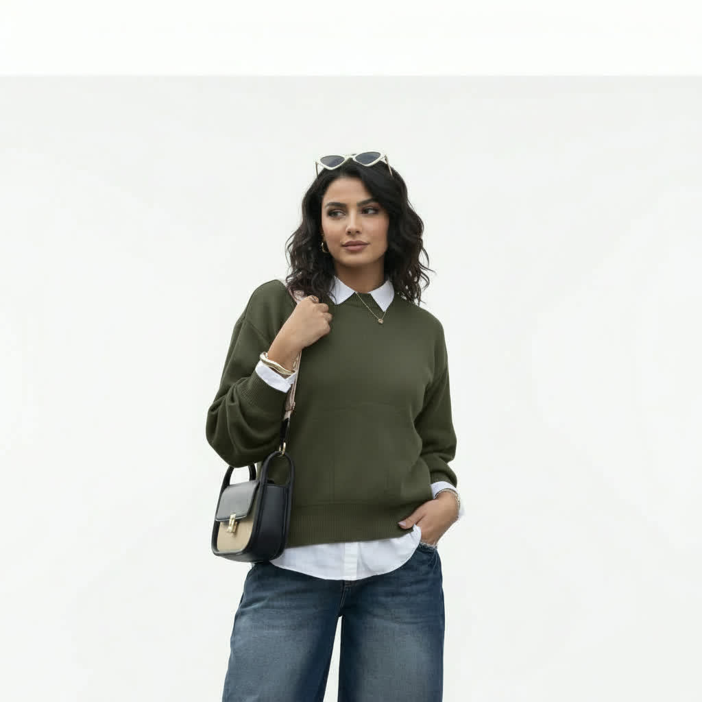 Army Green Crew-Neck Knit Sweater