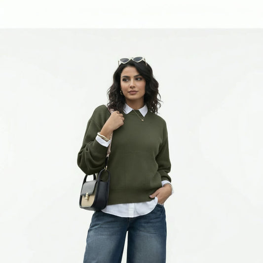 Army Green Crew-Neck Knit Sweater