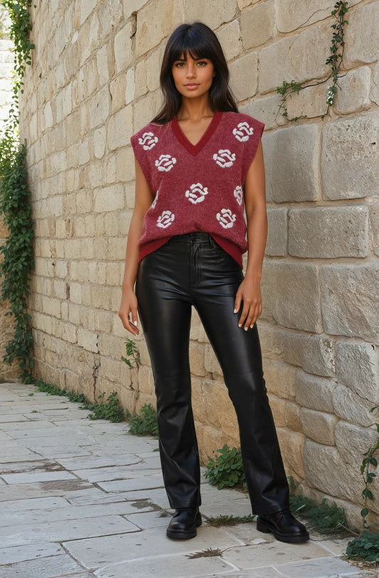burgundy Floral Knit Sweater Vest
