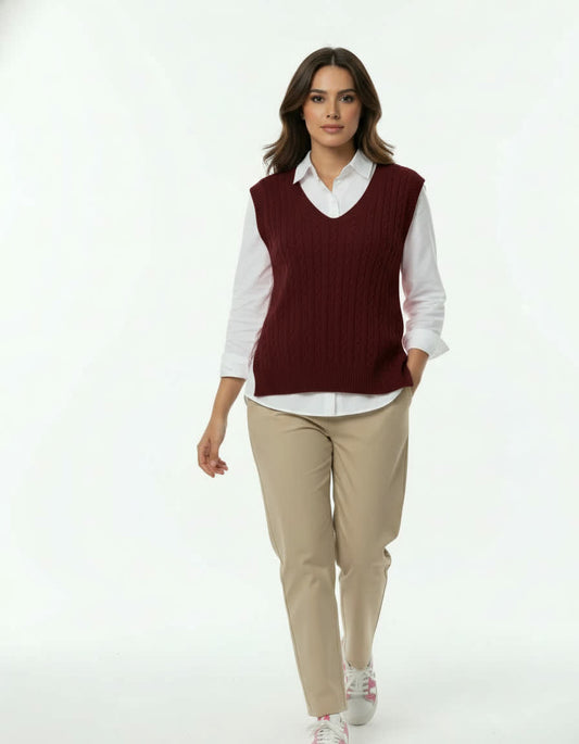 Burgundy Cable Knit V‑Neck Vest
