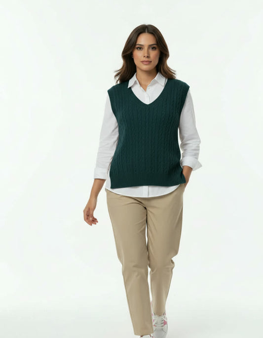Emerald Blue Cable Knit V‑Neck Vest