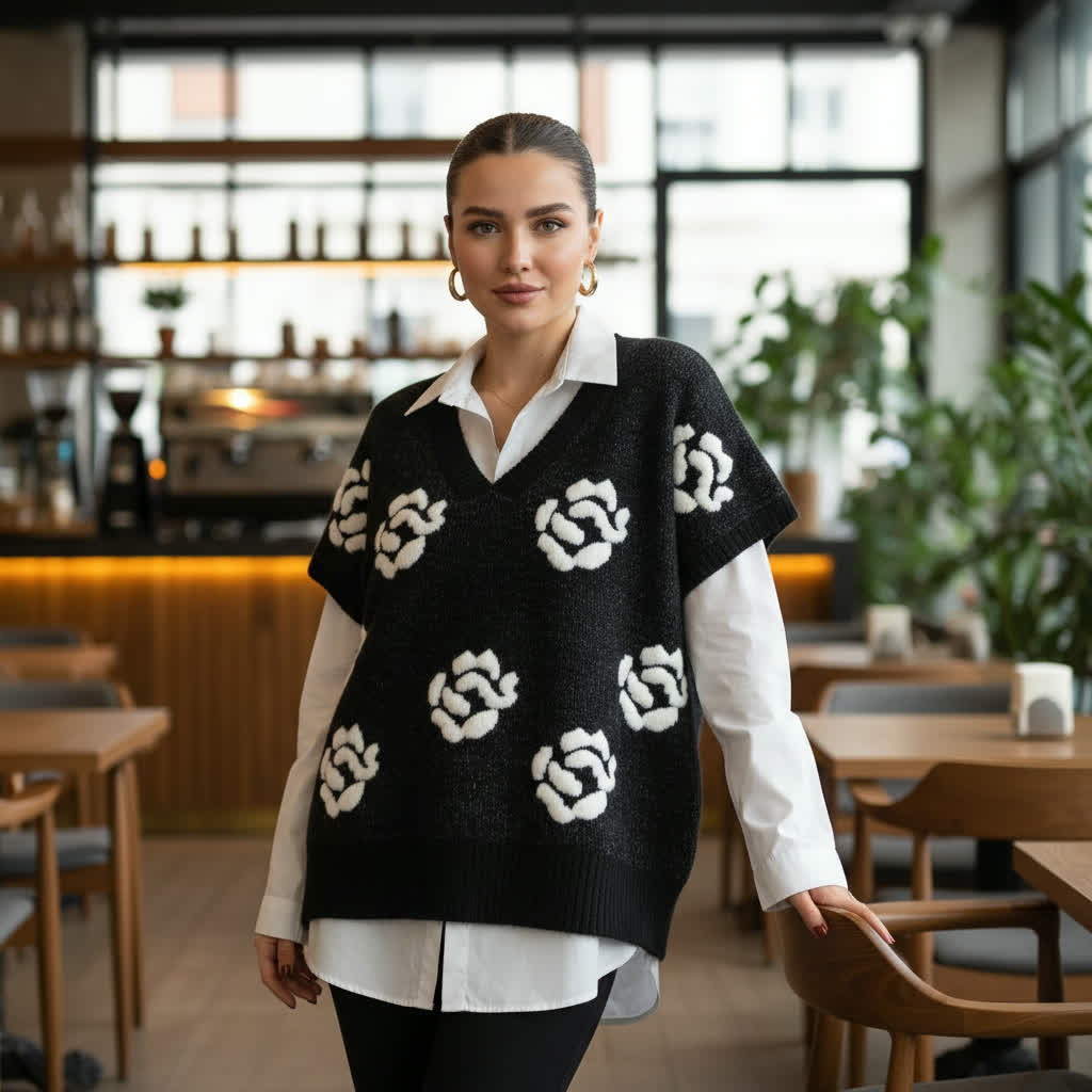 Black Floral Knit Sweater Vest