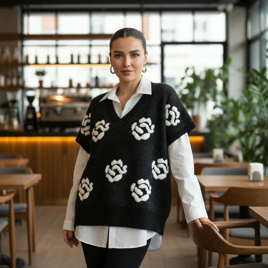 Black Floral Knit Sweater Vest