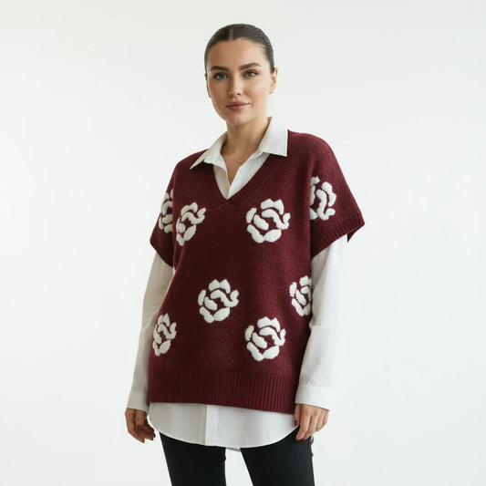 burgundy Floral Knit Sweater Vest