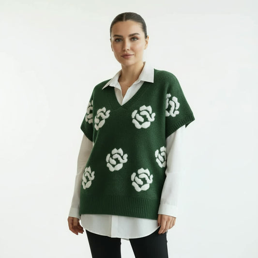 Dark Green Floral Knit Sweater Vest