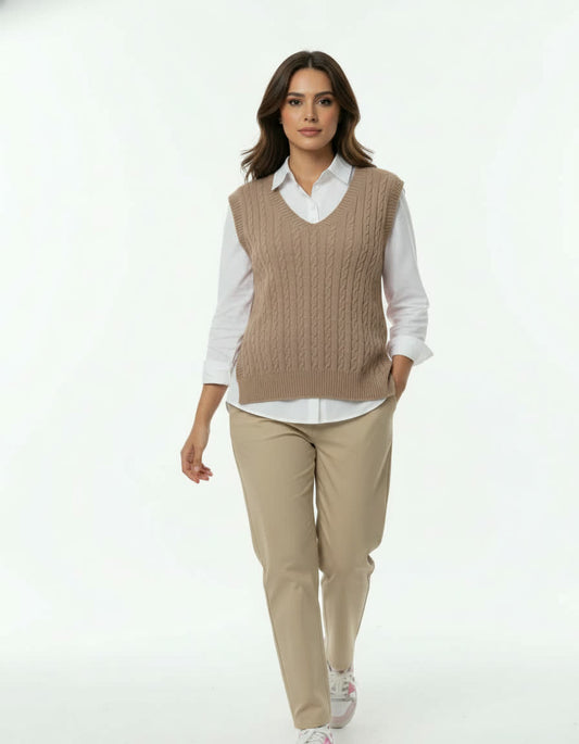 Mushroom taupe Cable Knit V‑Neck Vest
