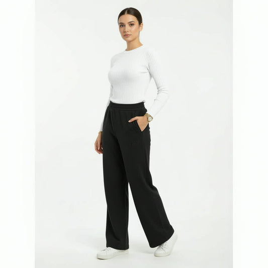 Black Ribbed  Fleece‑Lined Wide‑Leg Sweatpants