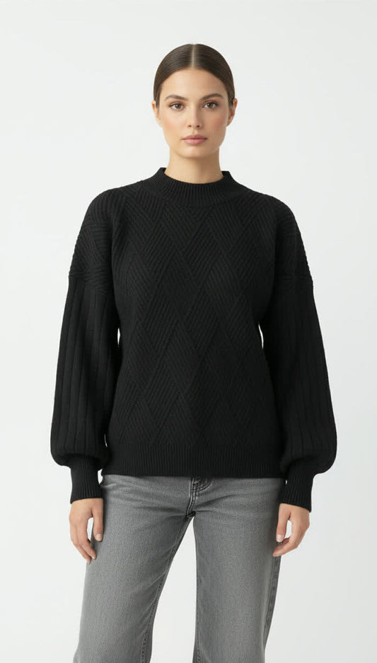 Black Diamond‑Knit Sweater with Puff Sleeves