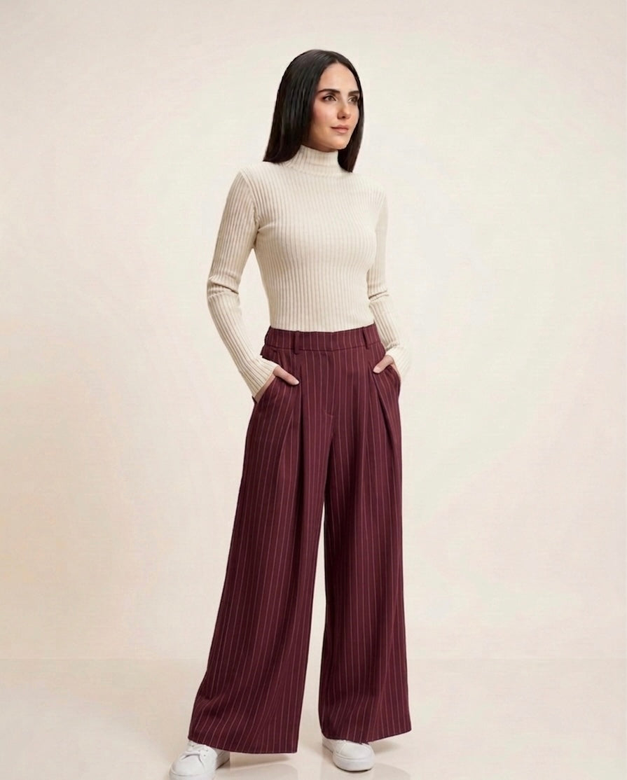 Burgundy Pleated Trouser — Pinstripe Wide Leg