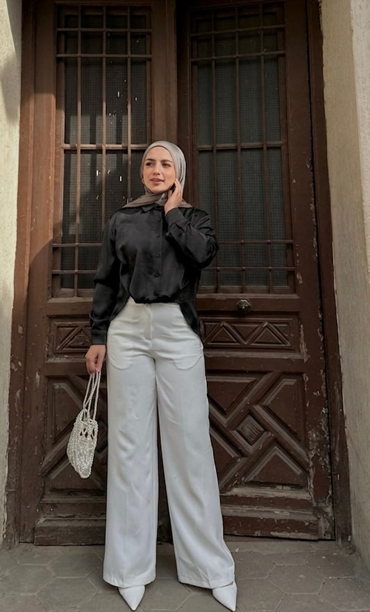 Black Silk-Finish Shirt with Built-in Front Knot