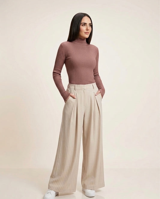 Beige Pleated Trouser — Pinstripe Wide Leg