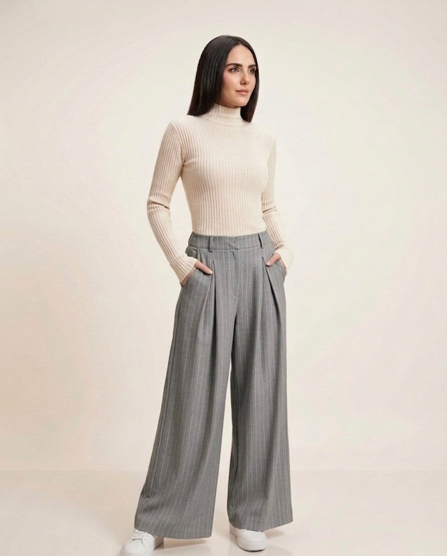 Grey Pleated Trouser — Pinstripe Wide Leg