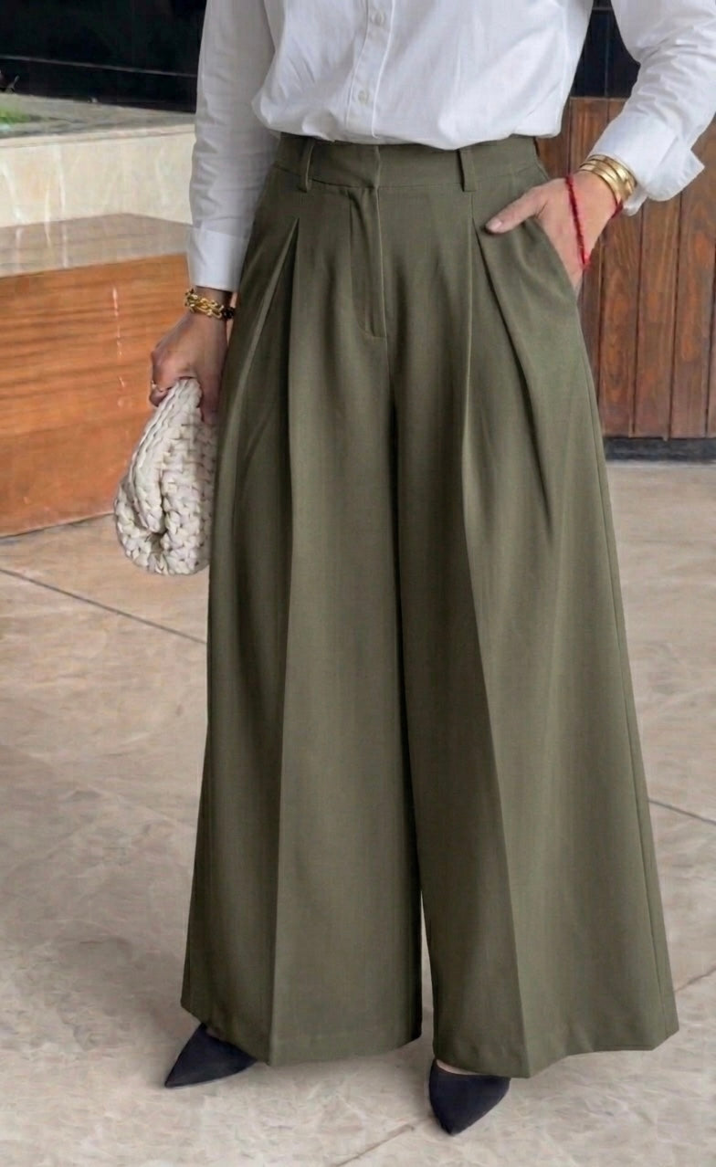 Olive Wide Leg Pleated Trouser