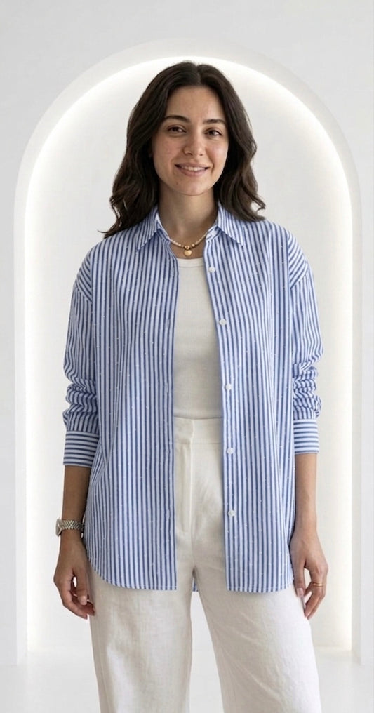 Dark Blue Studded Stripe Button-Up