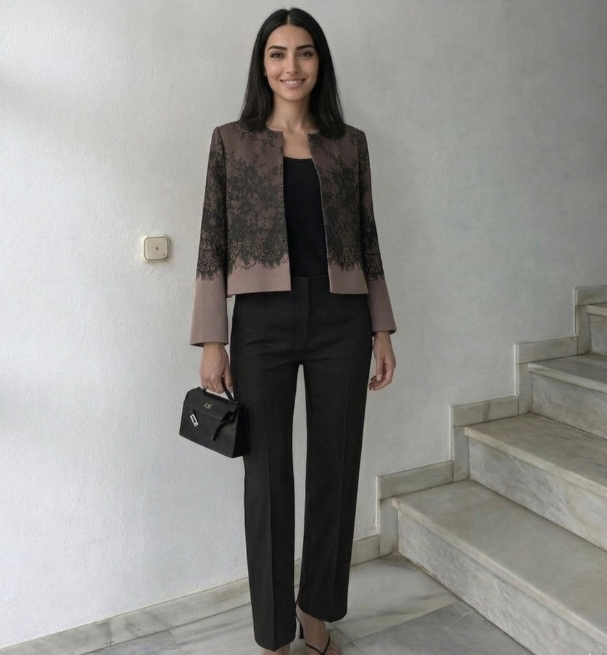 The Mocha Floral Lace Trim Jacket