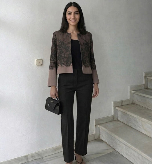 The Mocha Floral Lace Trim Jacket