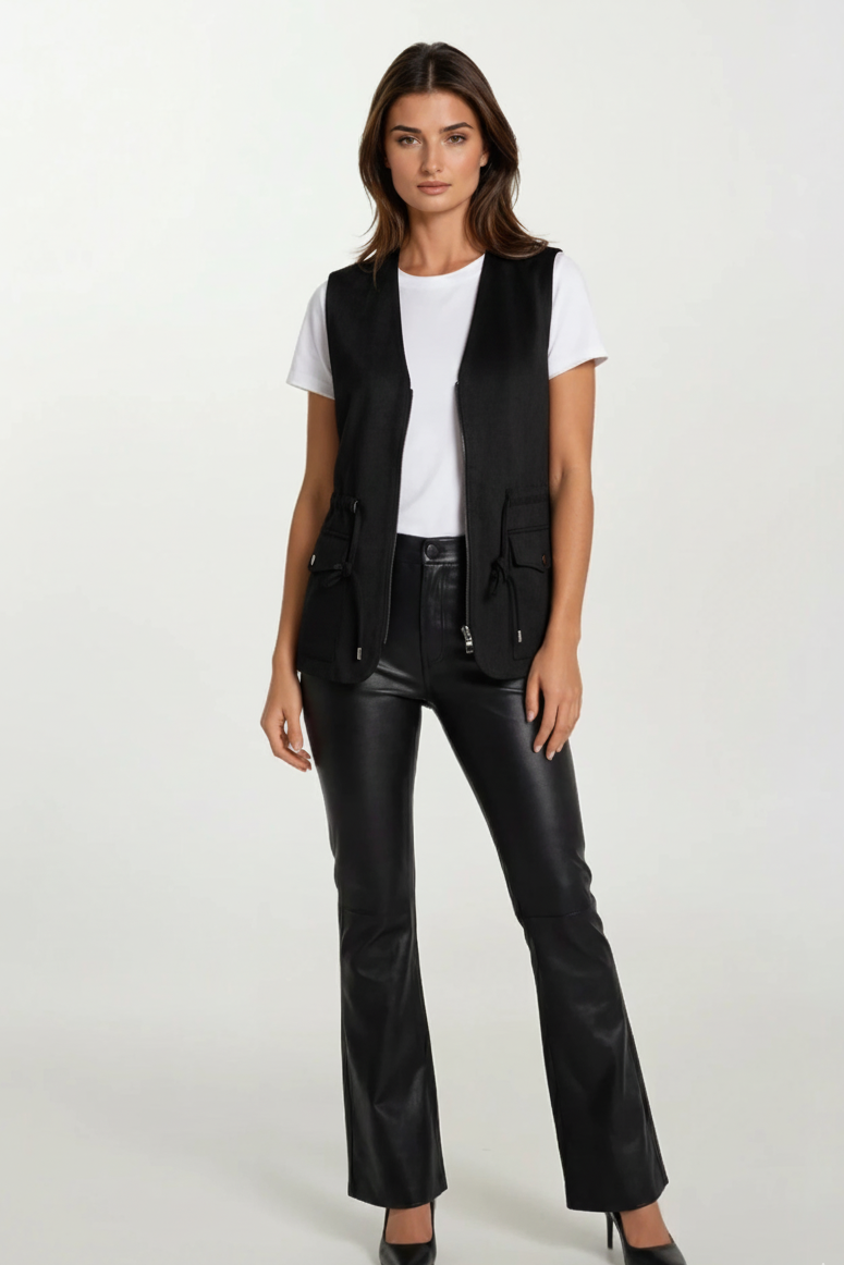 Black Suede Utility Vest with Zip Front & Drawstring Waist
