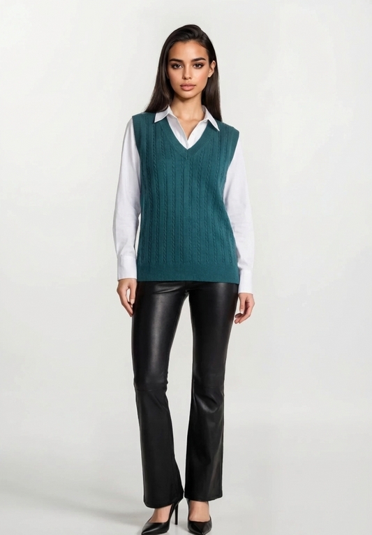 Emerald Blue Knit V‑Neck Vest - Thin Cable