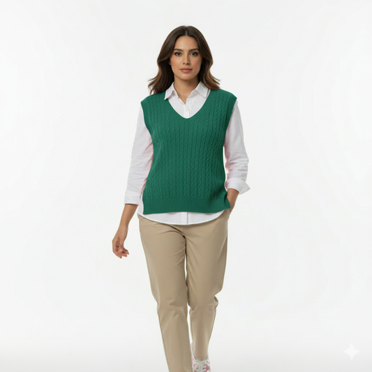 Emerald Green Cable Knit V‑Neck Vest