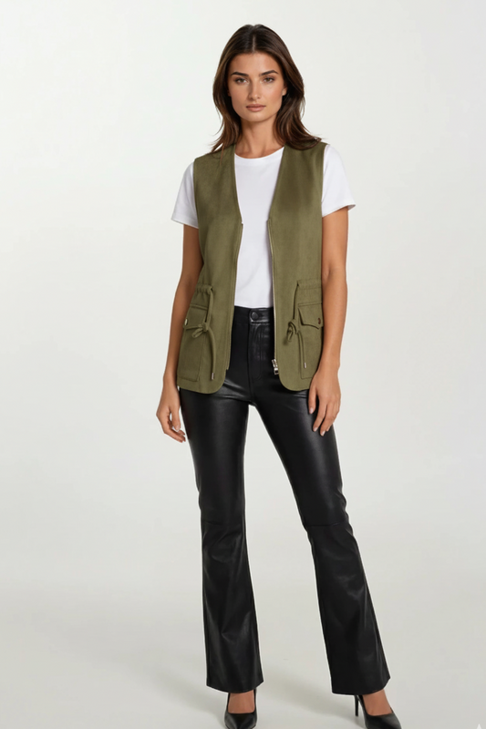 Olive Green Suede Utility Vest with Zip Front & Drawstring Waist