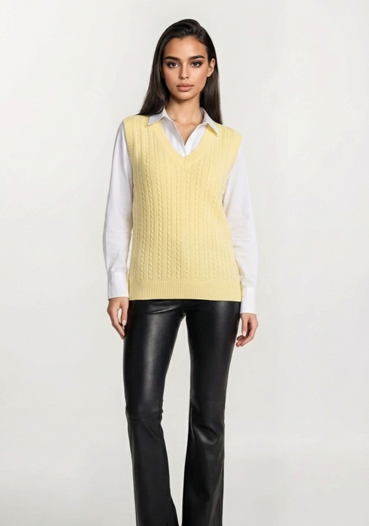 Light Pastel Yellow Knit V‑Neck Vest - Thin Cable