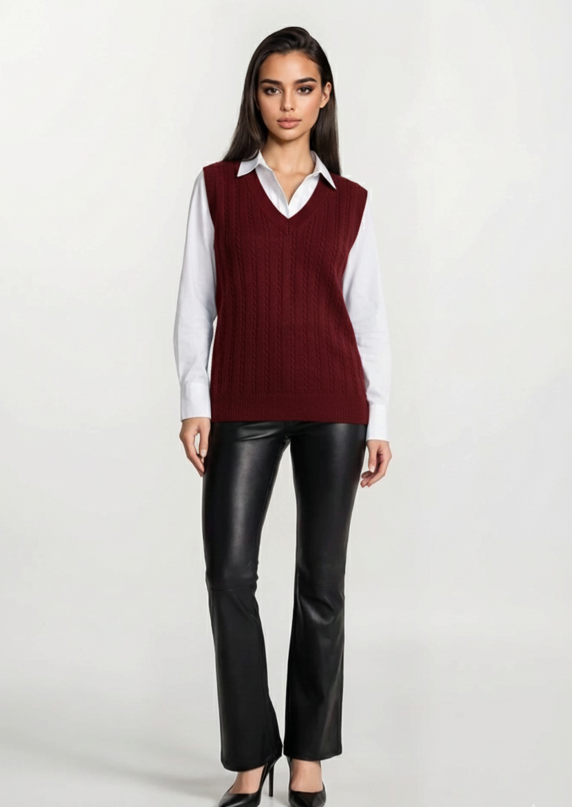 Burgundy Knit V‑Neck Vest - Thin Cable