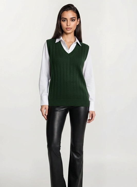 Dark green Knit V‑Neck Vest - Thin Cable