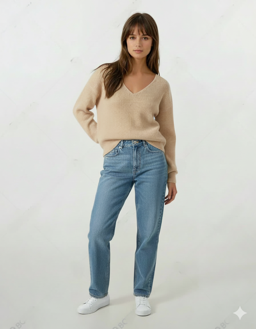 Camel Beige V Neck Sweater