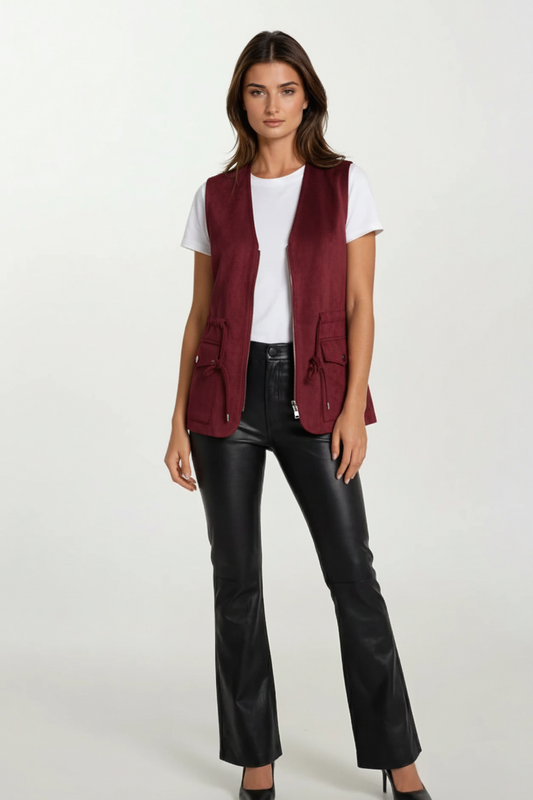 Burgundy Suede Utility Vest with Zip Front & Drawstring Waist