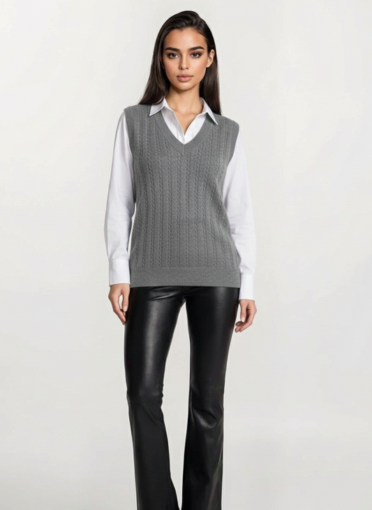 Grey Knit V‑Neck Vest - Thin Cable