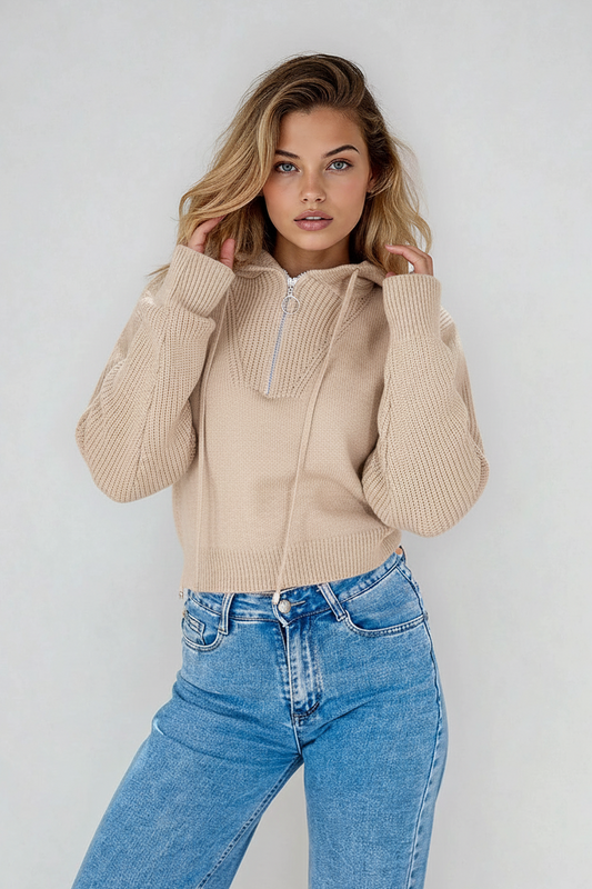 Quarter-Zip Knit Hoodie – Beige