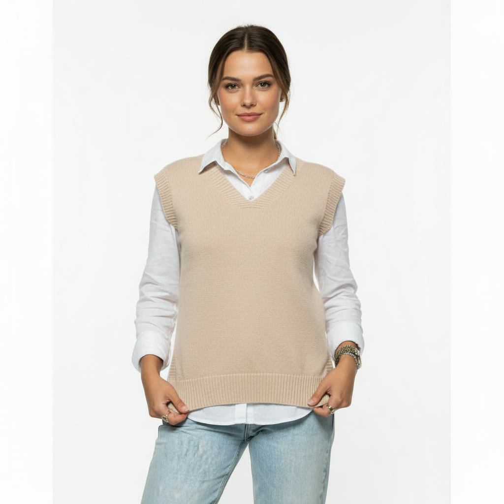 V-Neck Knit Vest – Light Beige