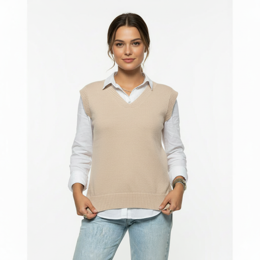 V-Neck Knit Vest – Light Beige